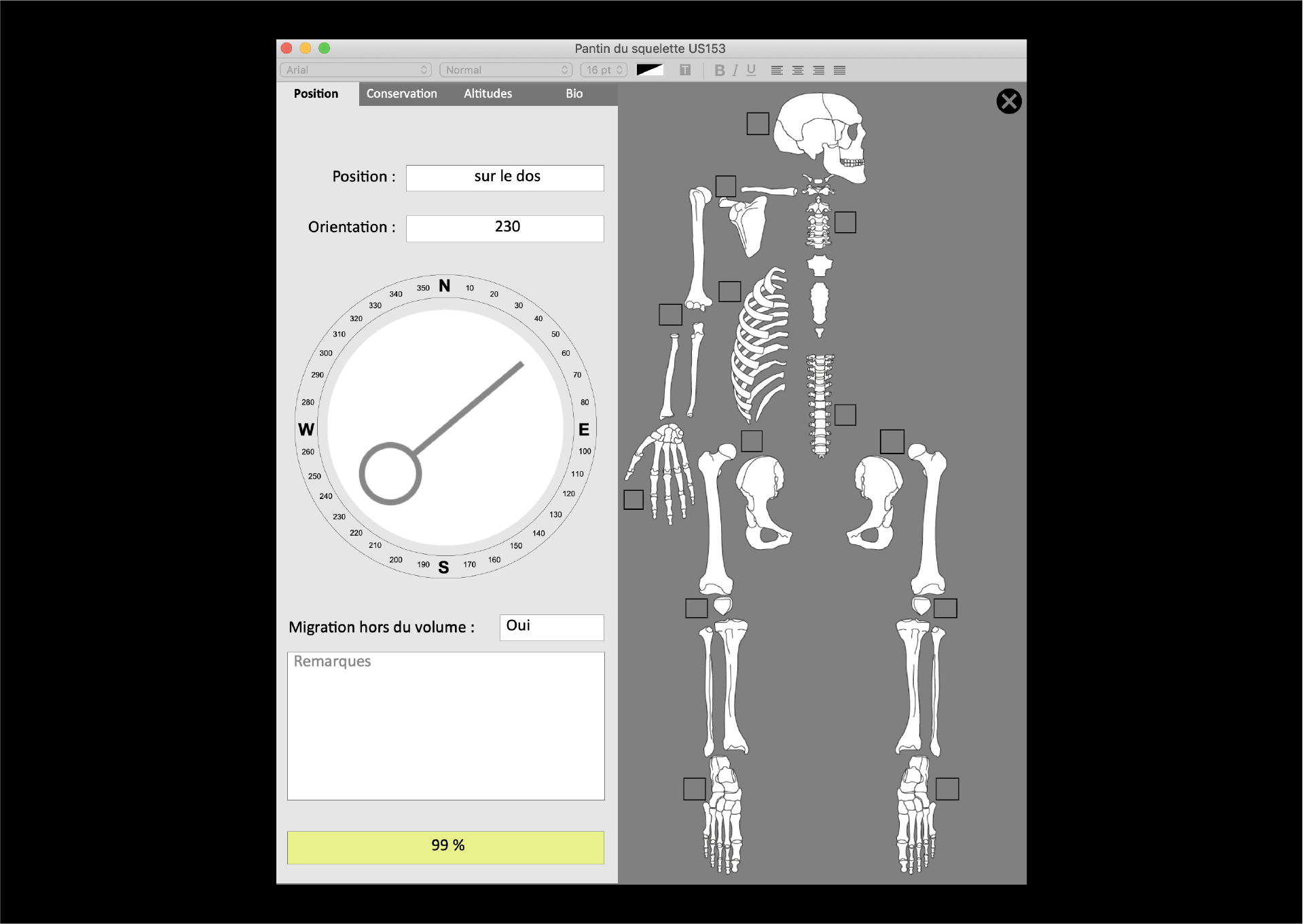 Les fiches de démontage du squelette permettent d’enregistrer toutes les données taphonomiques et de générer automatiquement le catalogue des sépultures.